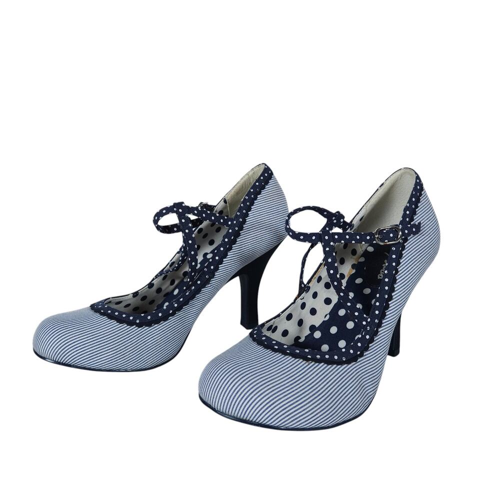 Ruby Shoo Heels 6 Navy Blue White Stripe Polka Dot Retro Vintage Inspired Pumps